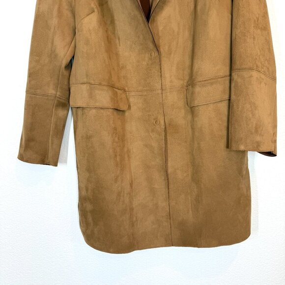 H&M Trench Long Coat Jacket Tan Brown Faux Suede Oversized XL - Picture 5 of 8
